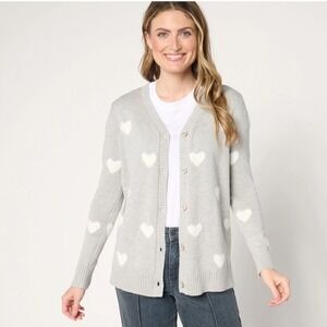 Belle by Kim Gravel Gray Fuzzy Heart  V-Neck Cardigan Sweater Womens Sz XXS